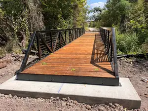 A black steel truss bridge with horizontal bars between its diagonals and a stained timber deck, seated on a new concrete footing at the edge of dense woodland.