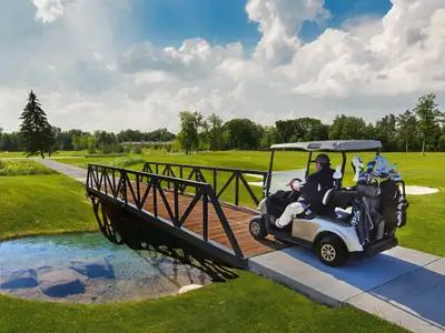 A golf cart carrying two bags of clubs crossing a black steel truss bridge with timber decking over a pond on a golf course.