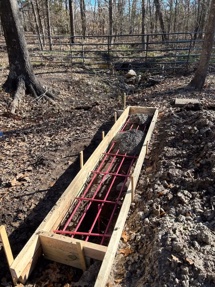 Timber formwork and pink rebar set in an excavated trench for a bridge abutment, in bare winter woodland.