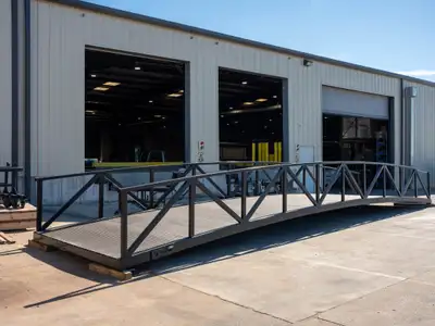A black arched steel truss bridge with a dark composite deck, set on timber blocks on the concrete apron outside a workshop with its bay doors open.
