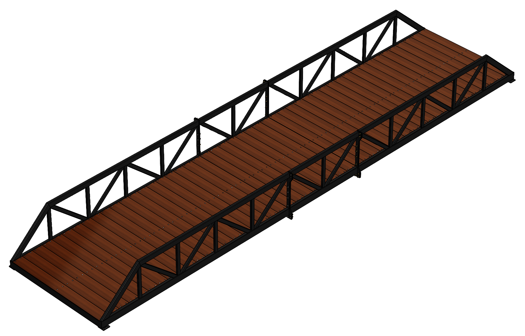 Modular pedestrian bridge with Warren truss, timber deck and black finish.