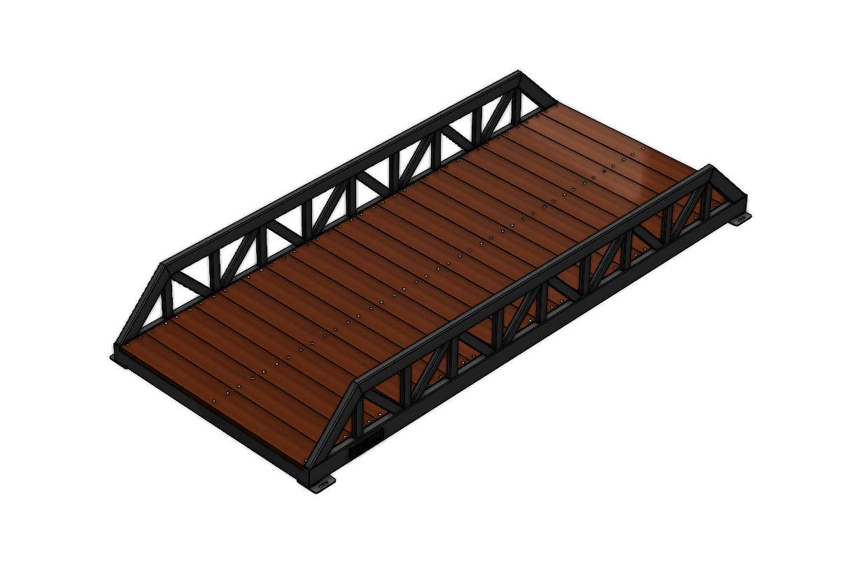 Modular pedestrian bridge with Warren truss, timber deck and black finish.