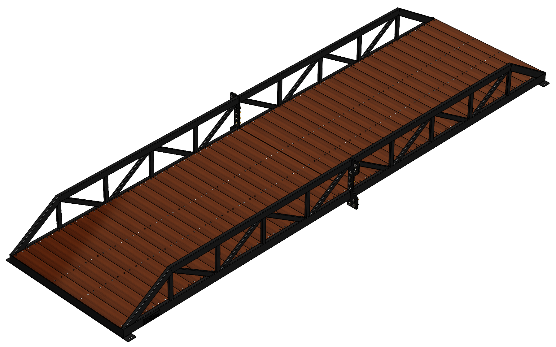 Modular pedestrian bridge with Warren truss, timber deck and black finish.