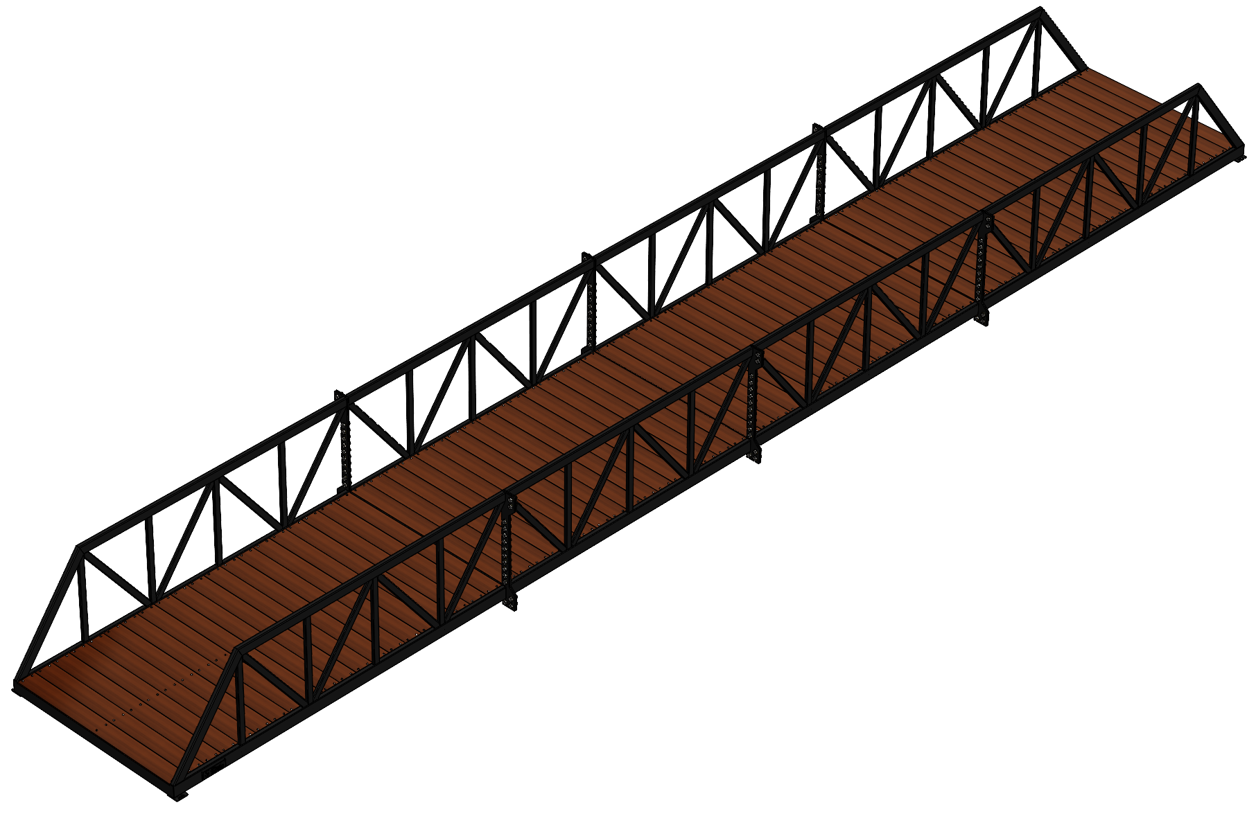 Modular pedestrian bridge with Warren truss, timber deck and black finish.
