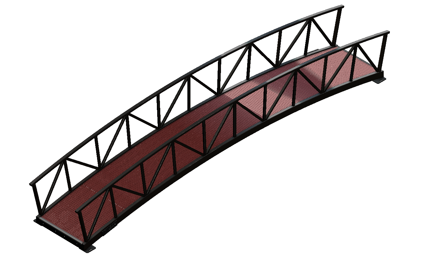 arched pedestrian bridge with metal railings and timber decking