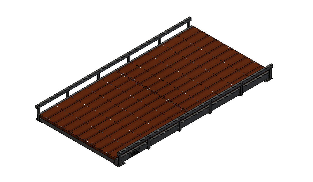 Pedestrian bridge with timber deck and black rails, ideal for pathways.