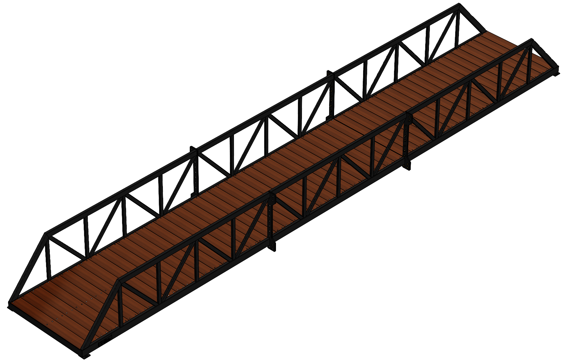 Modular pedestrian bridge with Warren truss, timber deck and black finish.