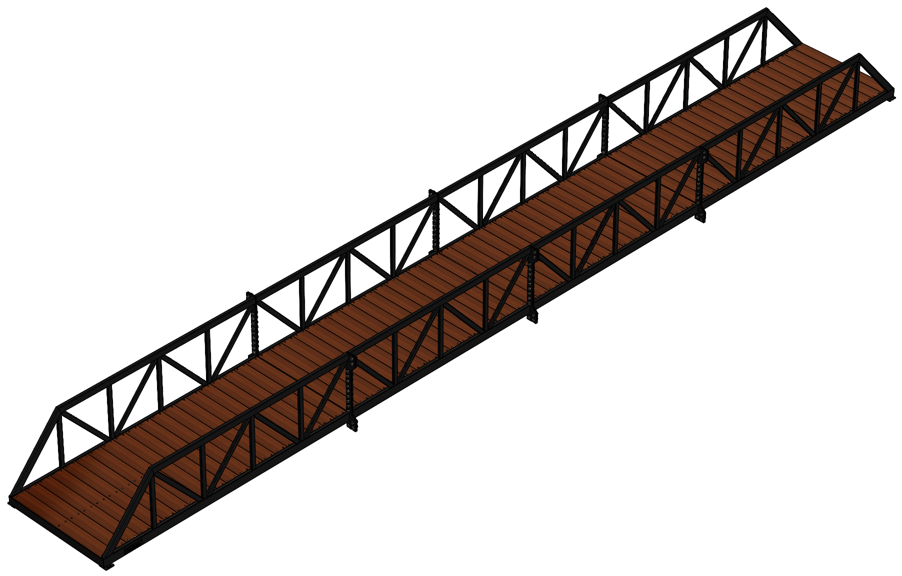 Modular pedestrian bridge with Warren truss, timber deck and black finish.