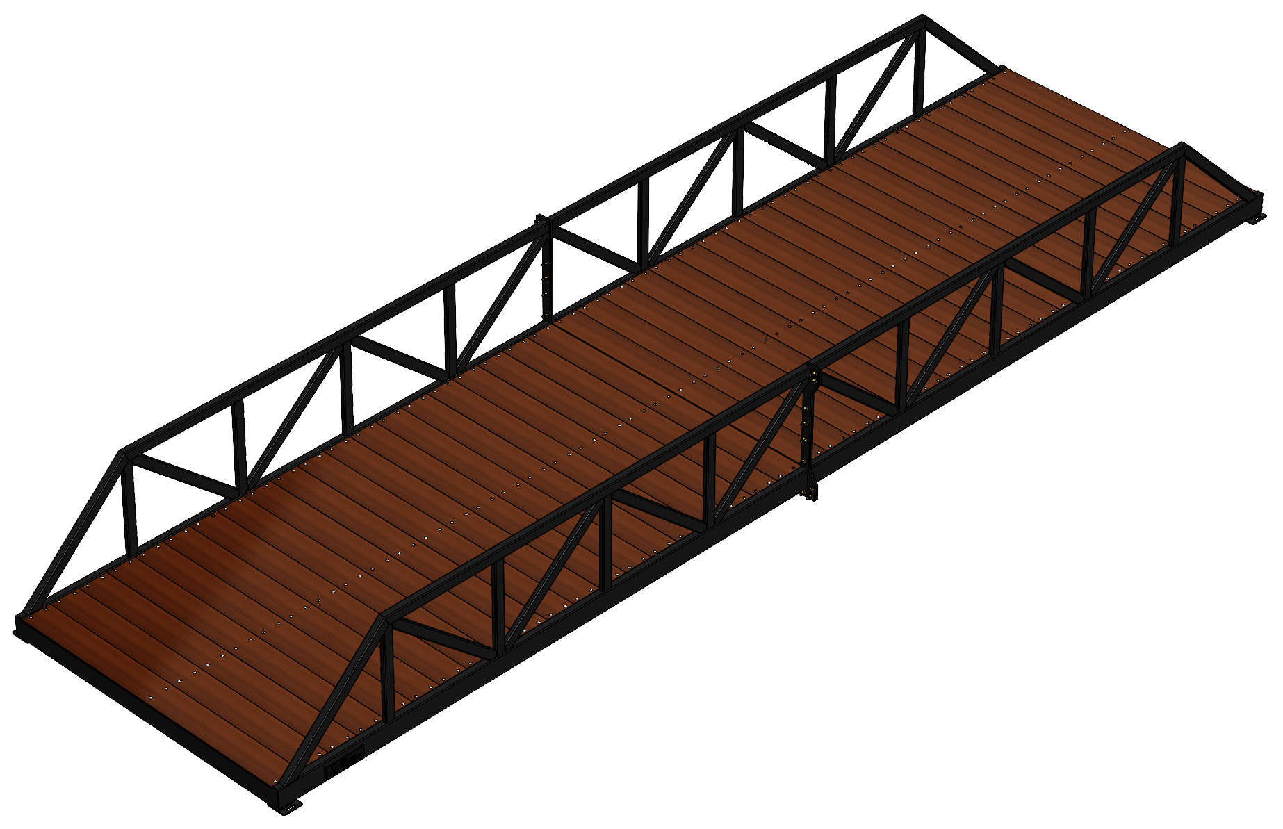 Modular pedestrian bridge with Warren truss, timber deck and black finish.