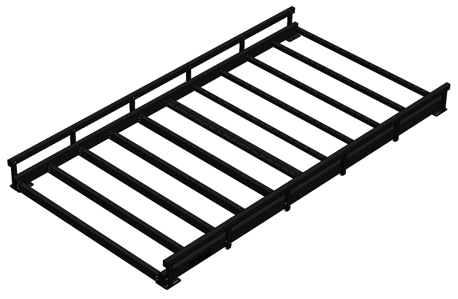 Pedestrian bridge with timber deck and black rails, ideal for pathways.