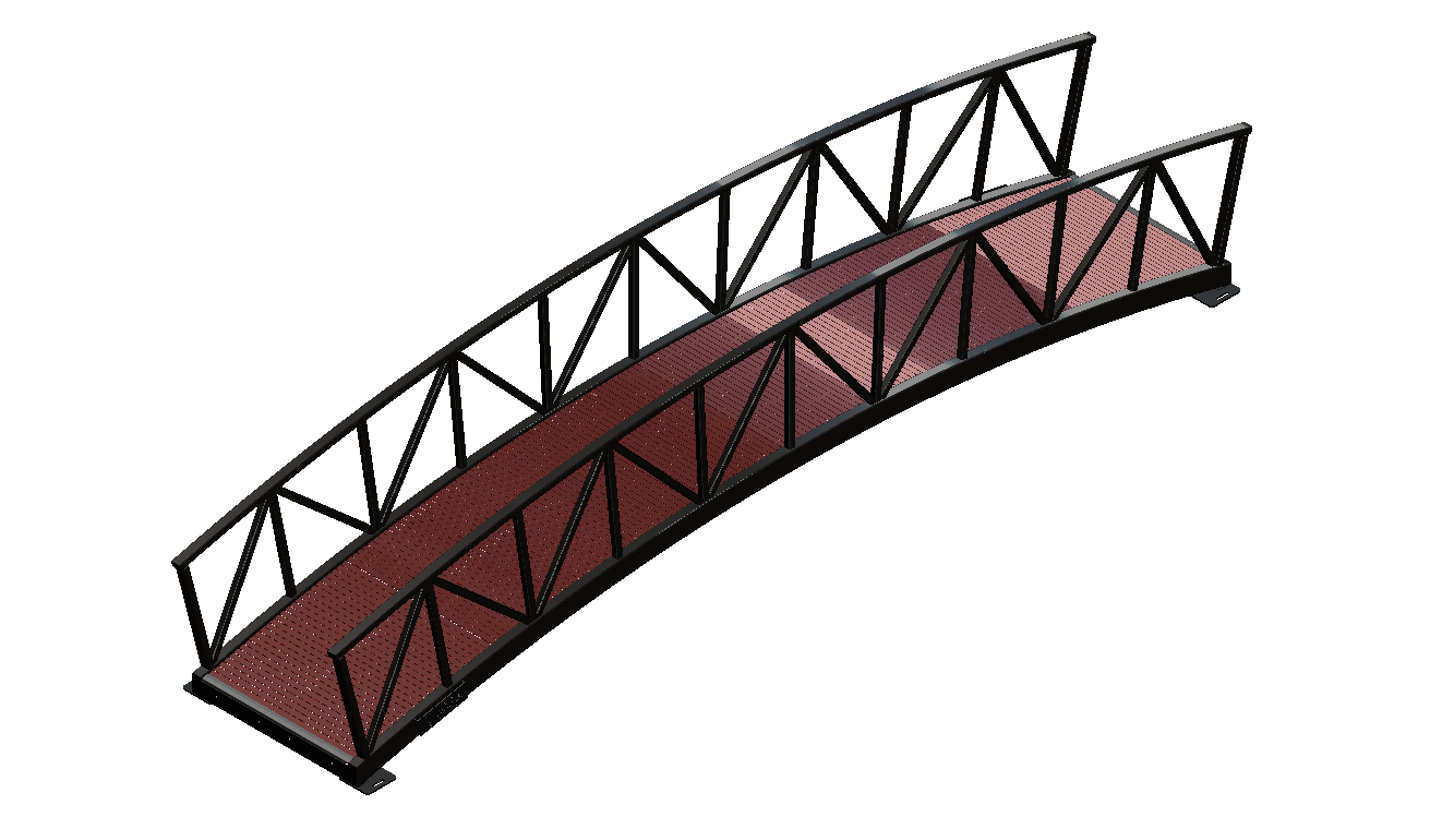 arched pedestrian bridge with metal railings and timber decking
