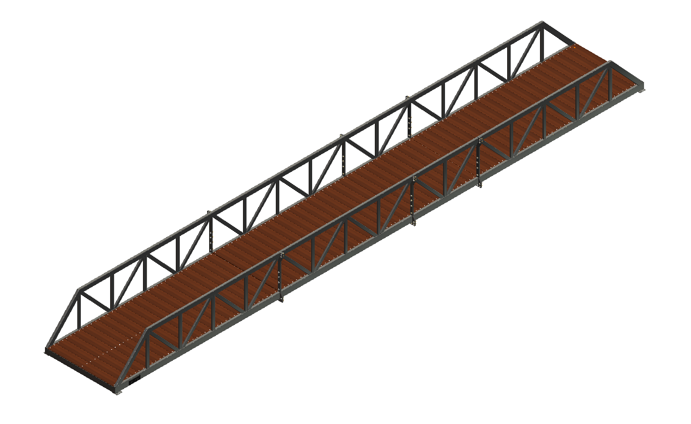 Warren truss pedestrian bridge with timber deck and black finish.