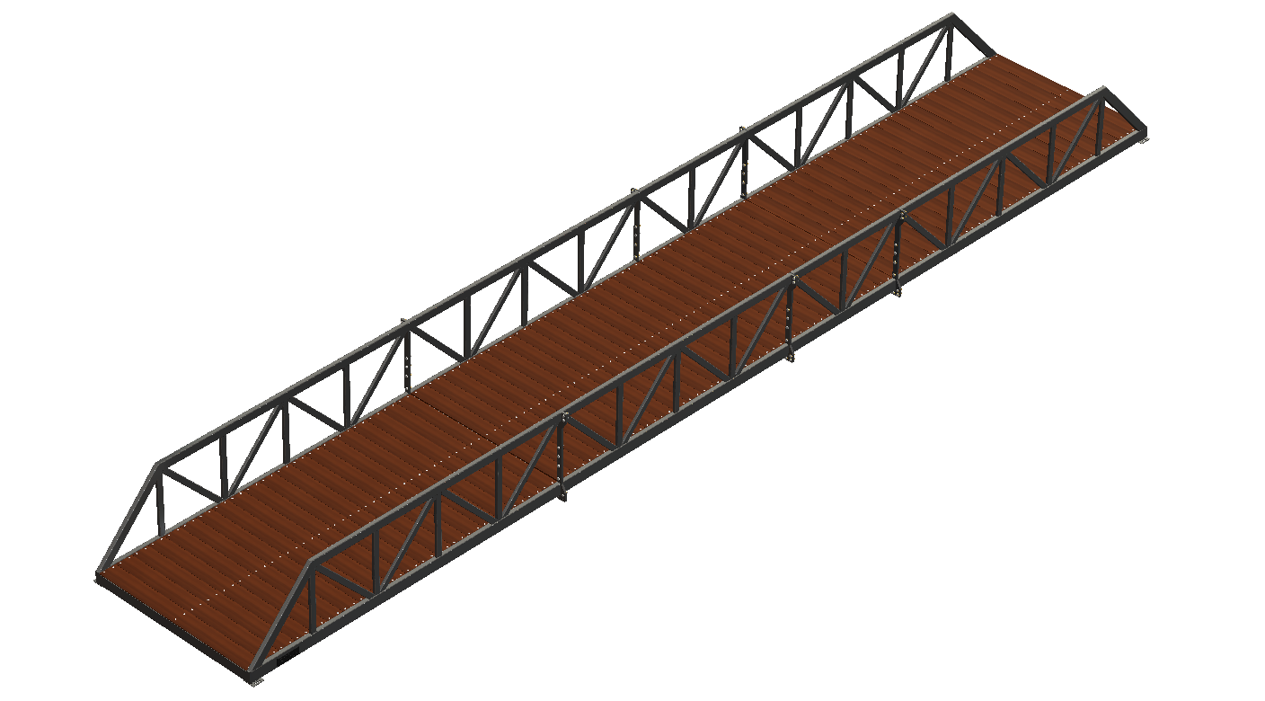 Warren truss pedestrian bridge with timber deck and black finish.