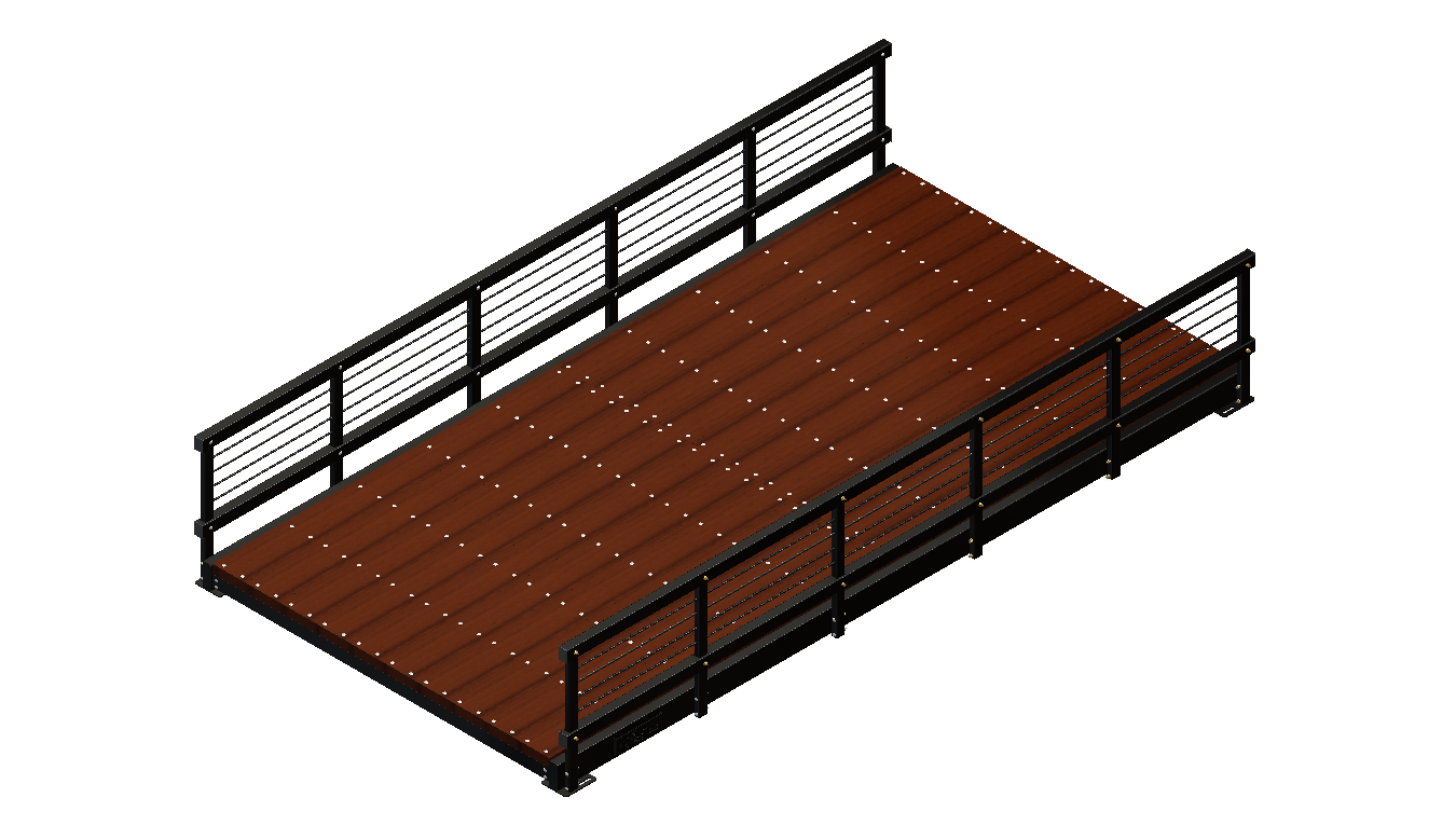 Pedestrian bridge with timber deck and black rails, ideal for pathways.