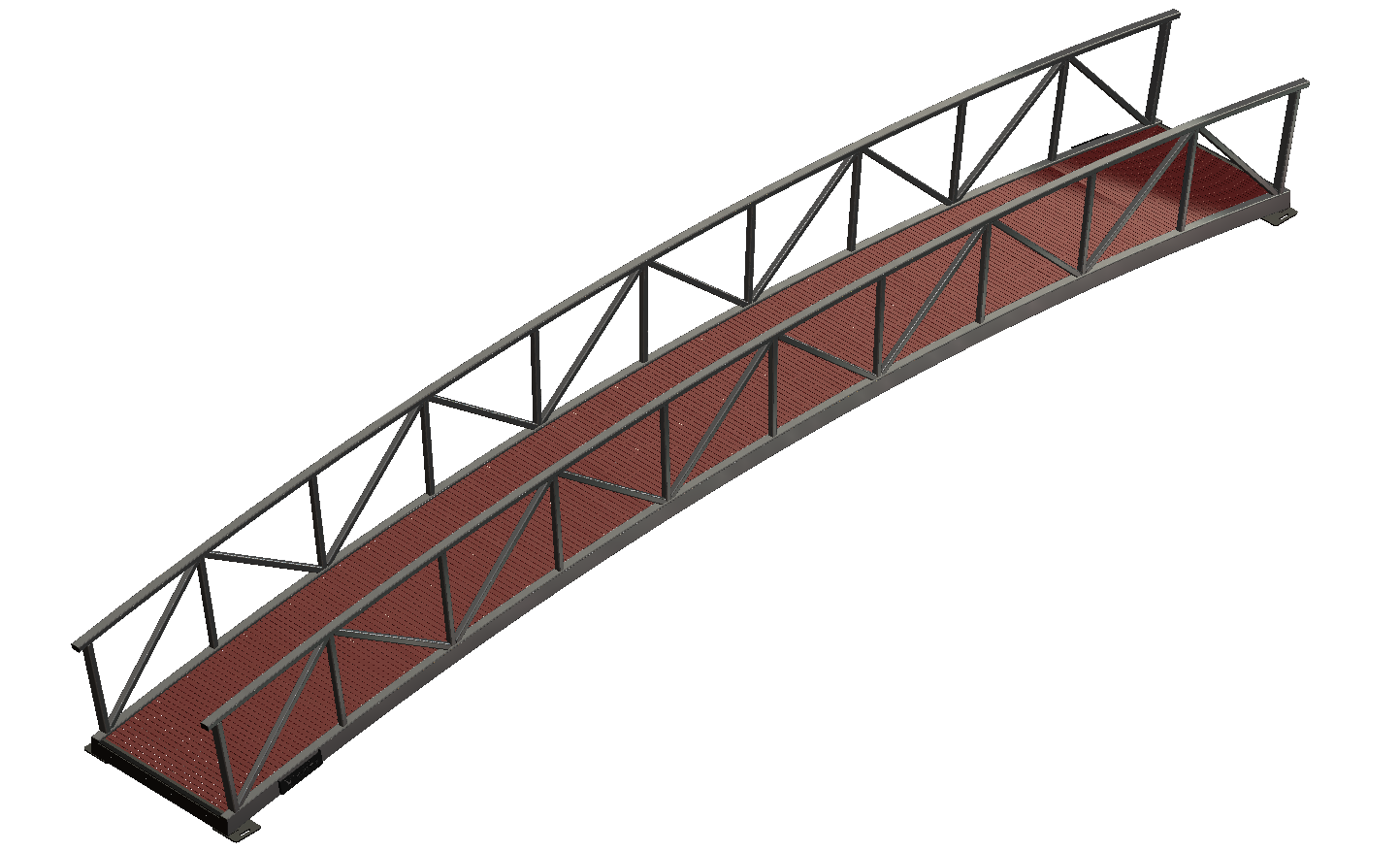 arched pedestrian bridge with metal railings and timber decking
