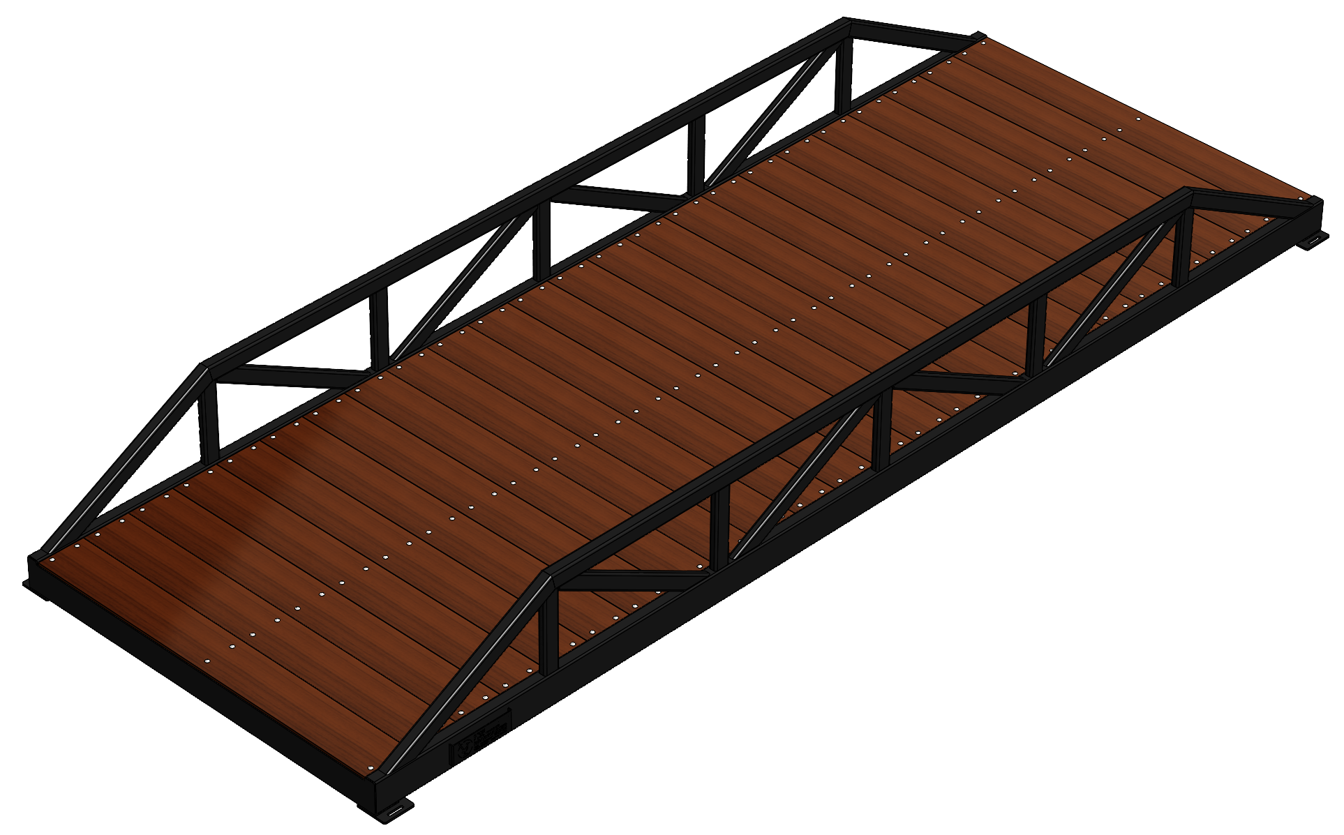 Modular pedestrian bridge with Warren truss, timber deck and black finish.