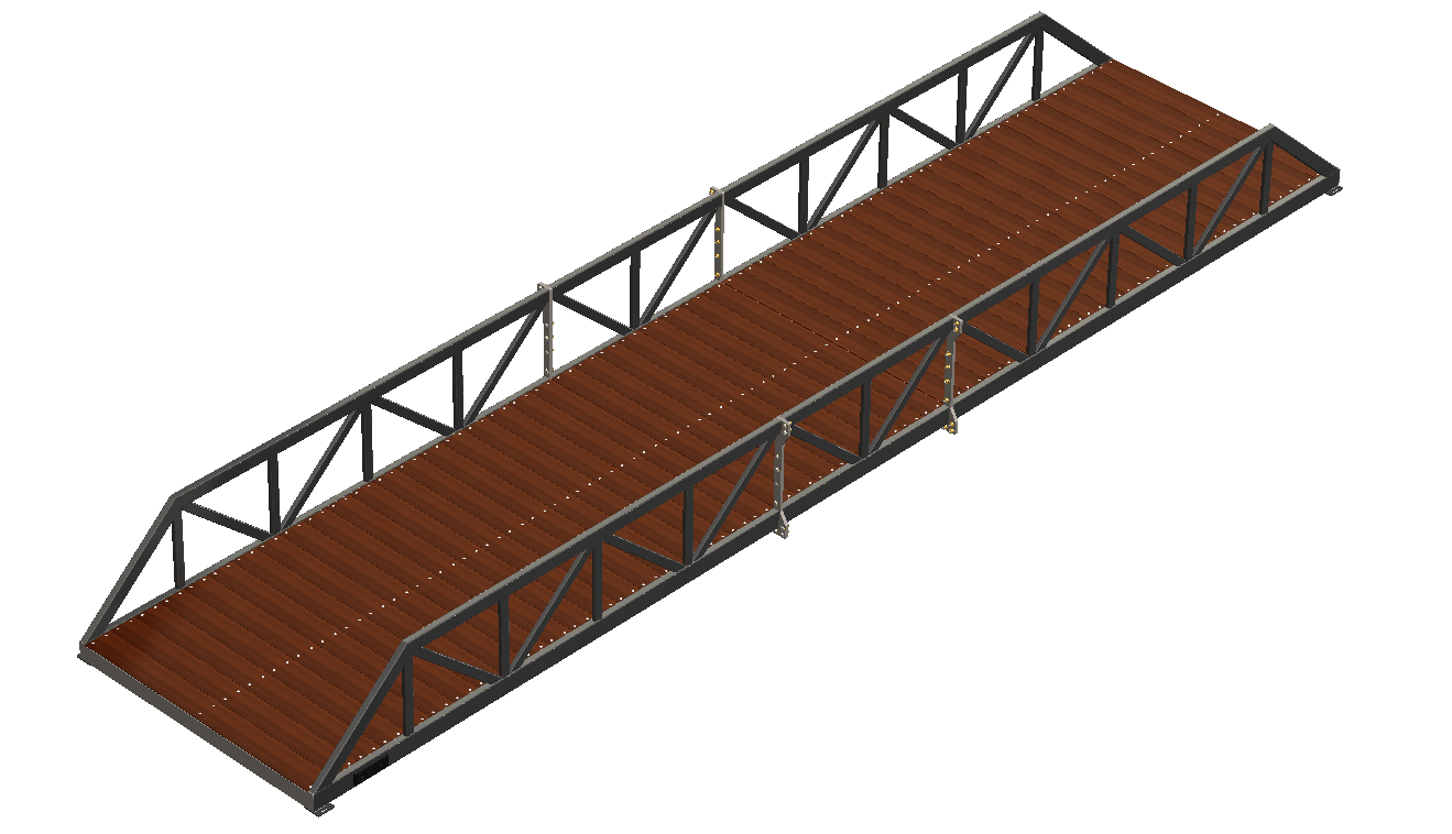 Warren truss pedestrian bridge with timber deck, designed for walkway use.