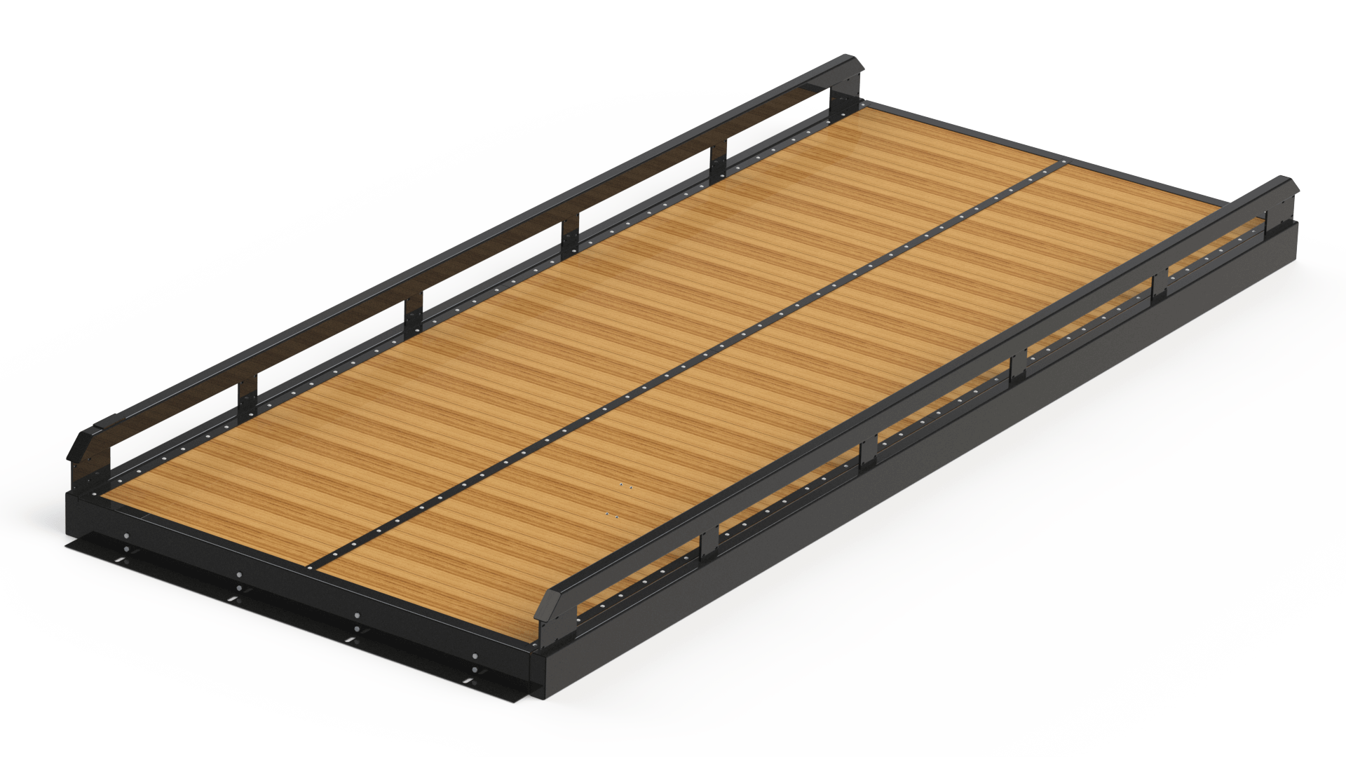 Pedestrian platform bridge with timber deck and black guardrails