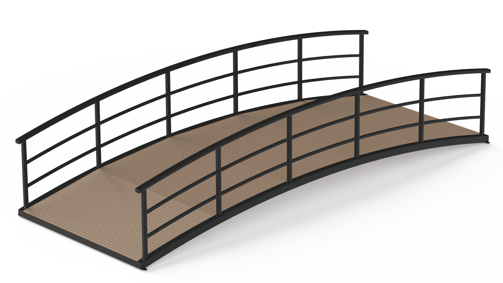 Arch pedestrian bridge with aluminum railing and wooden deck.