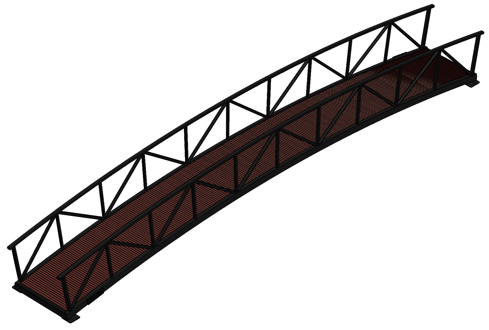 arched pedestrian bridge with metal railings and timber decking