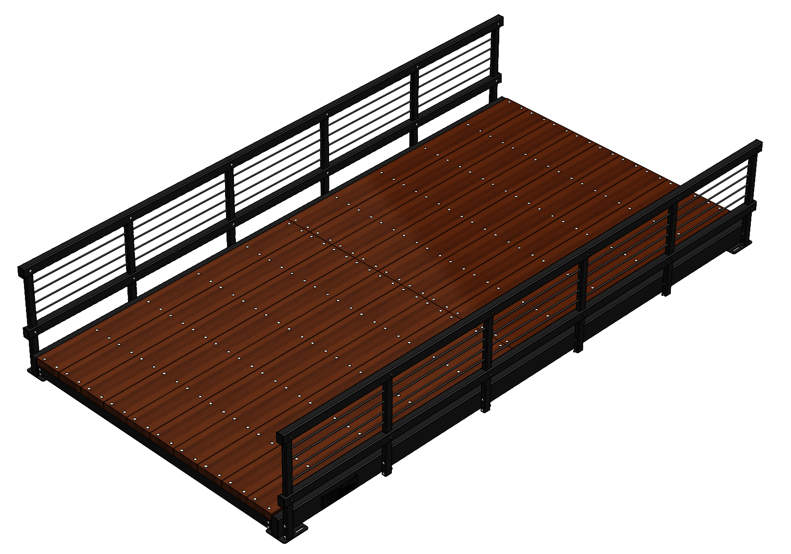 Pedestrian bridge with timber deck and black rails, ideal for pathways.