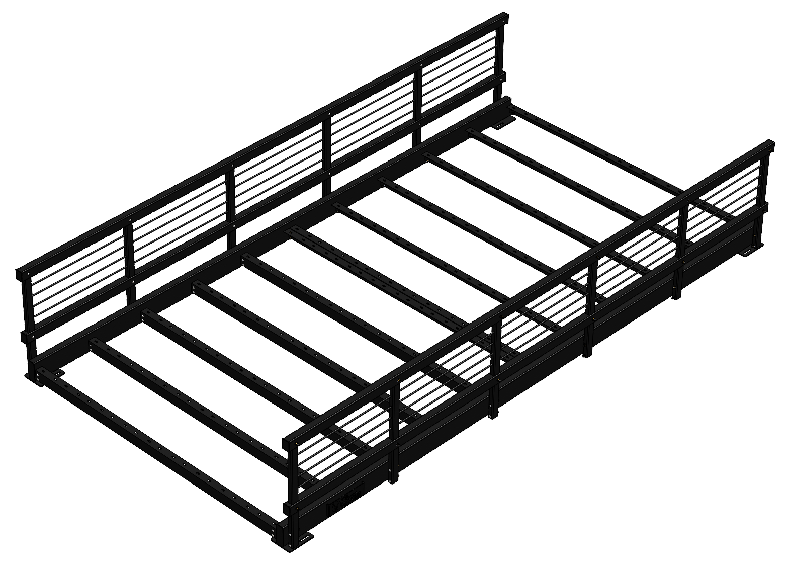 Pedestrian bridge with timber deck and black rails, ideal for pathways.