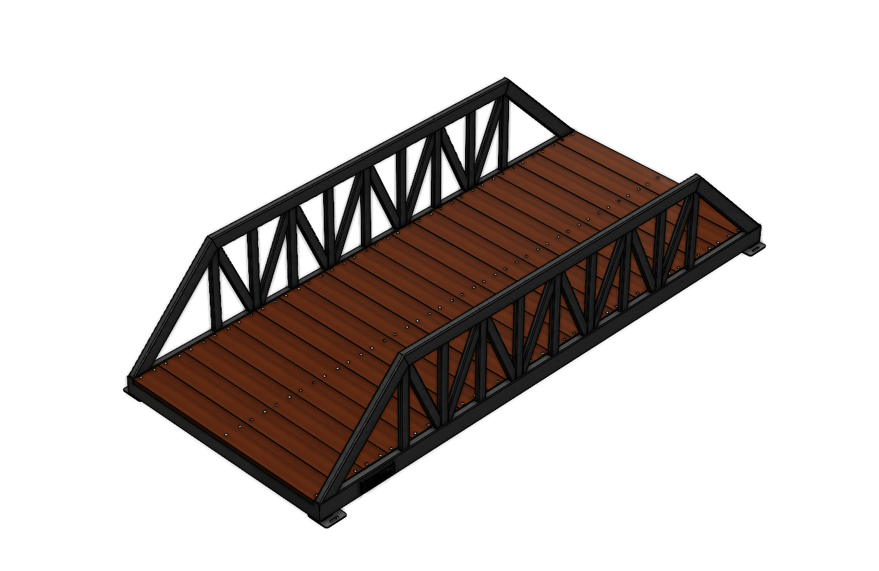 Modular pedestrian bridge with Warren truss, timber deck and black finish.