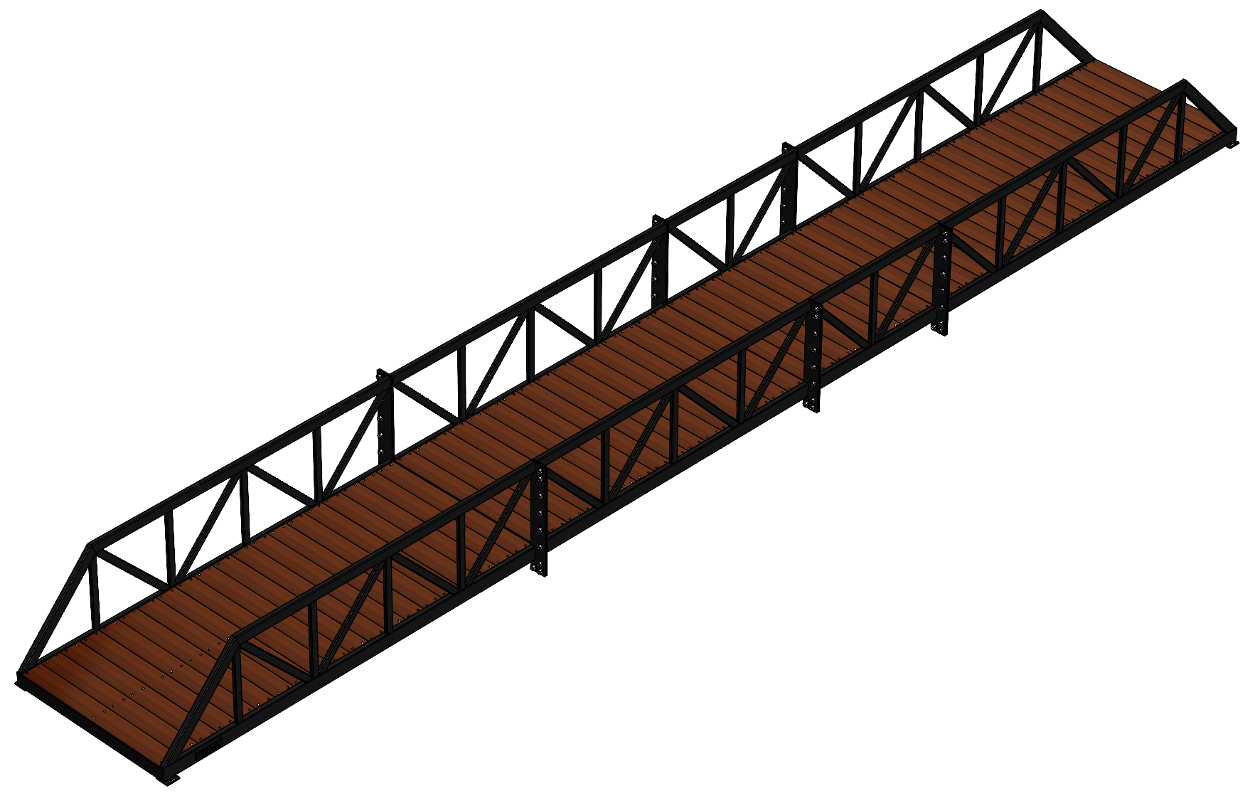 Modular pedestrian bridge with Warren truss, timber deck and black finish.