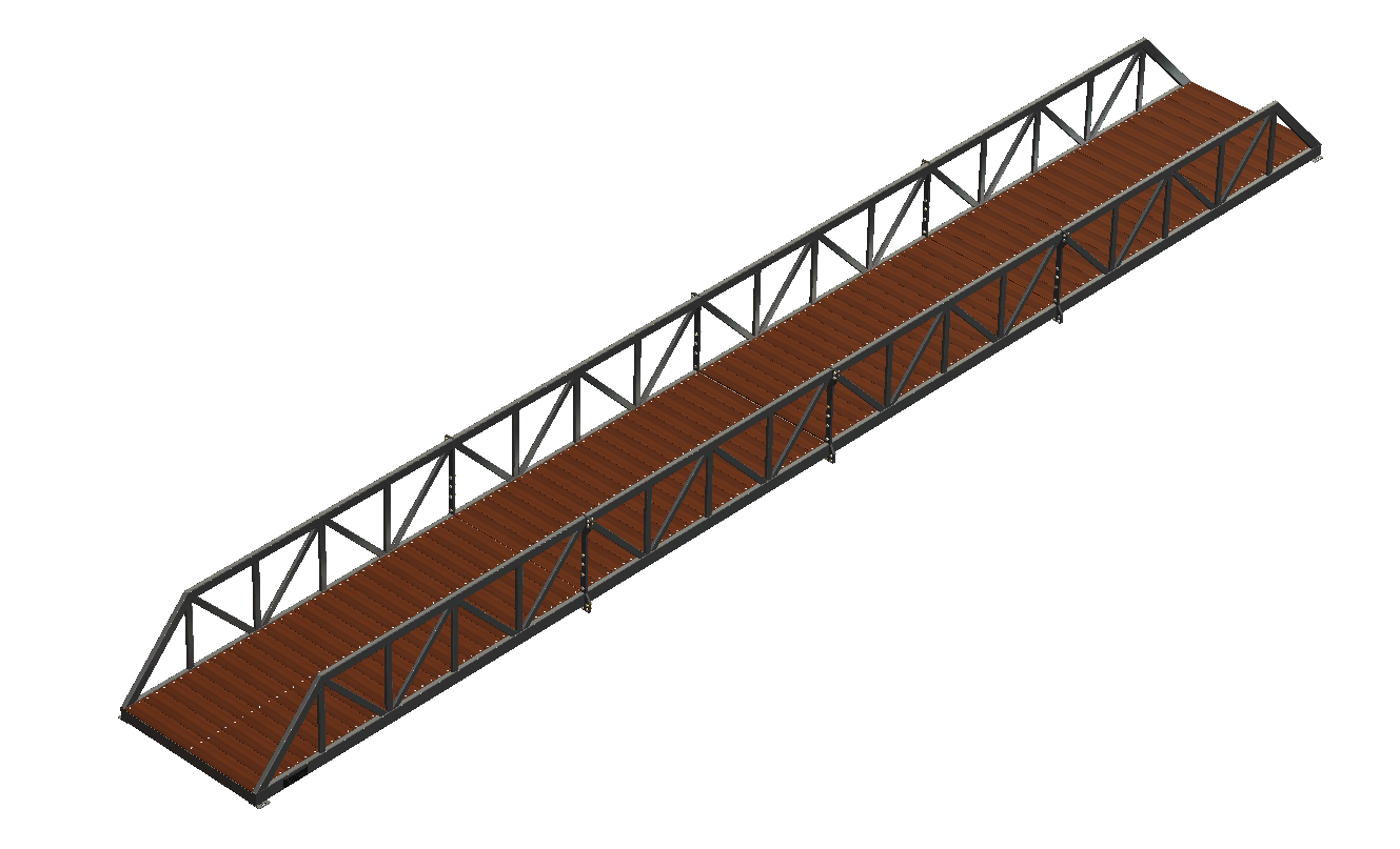 Warren truss pedestrian bridge with timber deck and black finish.
