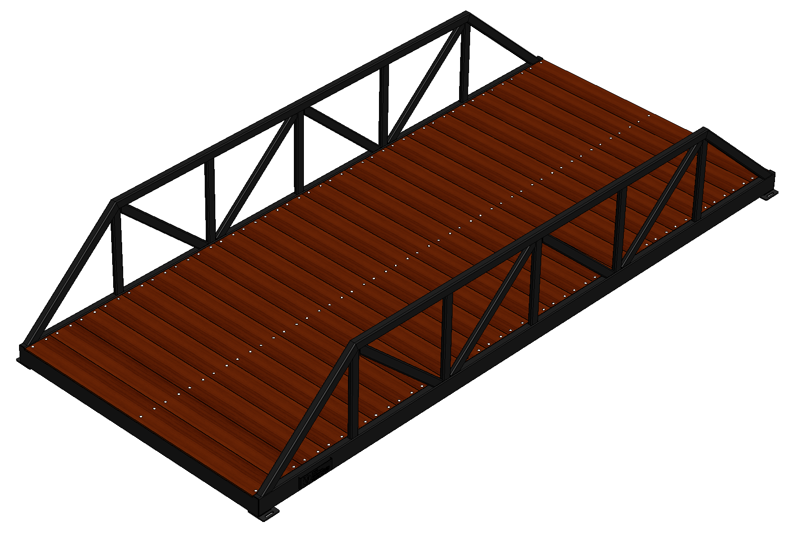 Modular pedestrian bridge with Warren truss, timber deck and black finish.
