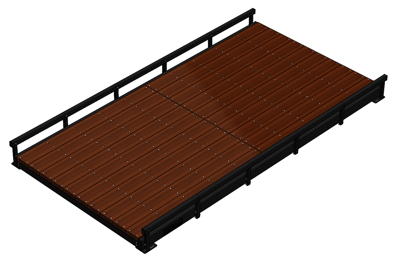 Pedestrian bridge with timber deck and black rails, ideal for pathways.