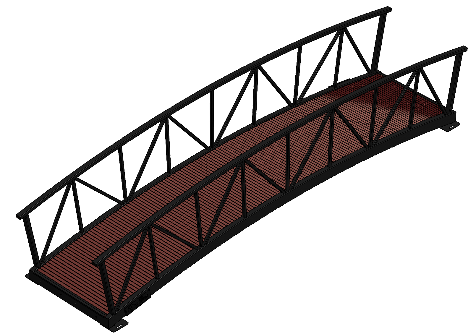 arched pedestrian bridge with metal railings and timber decking