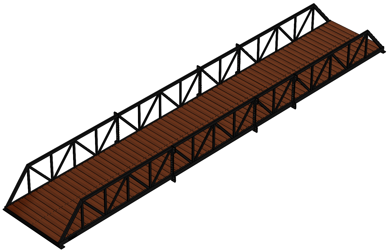 Modular pedestrian bridge with Warren truss, timber deck and black finish.