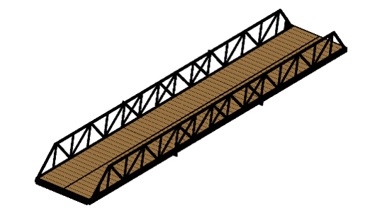 Warren truss pedestrian bridge with timber deck and black finish.
