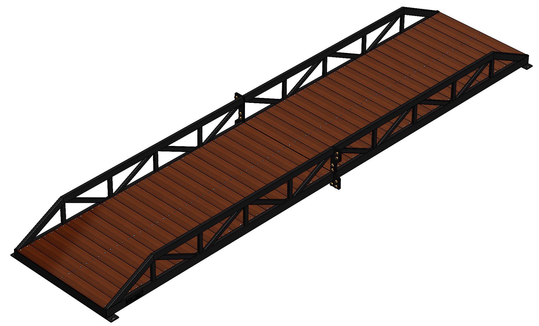 Modular pedestrian bridge with Warren truss, timber deck and black finish.