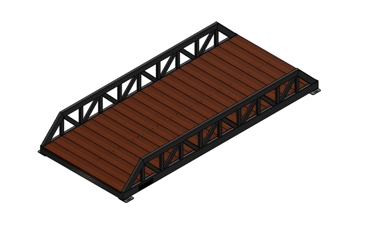 Modular pedestrian bridge with Warren truss, timber deck and black finish.