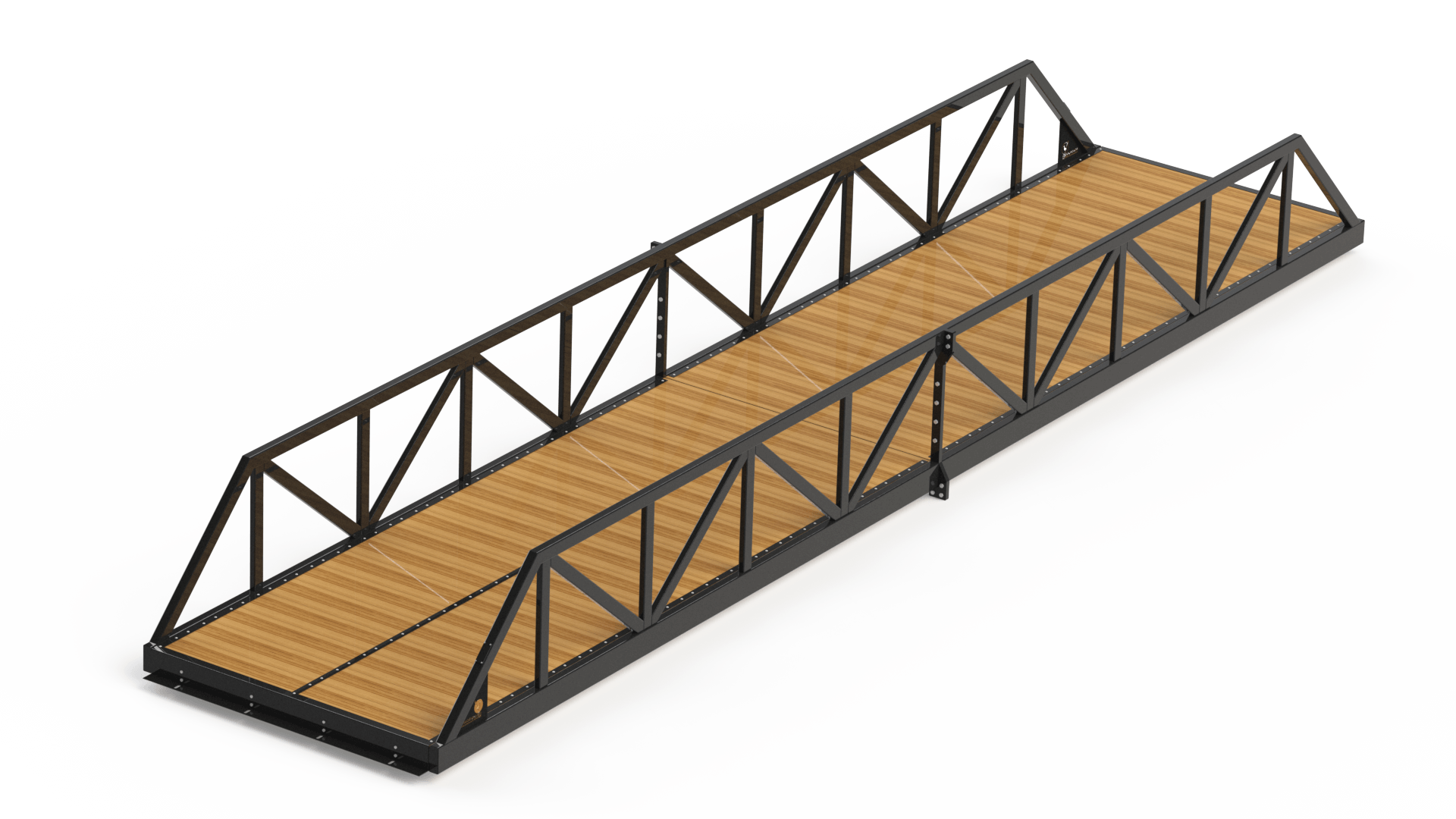 Warren truss pedestrian bridge with timber deck and painted finish.