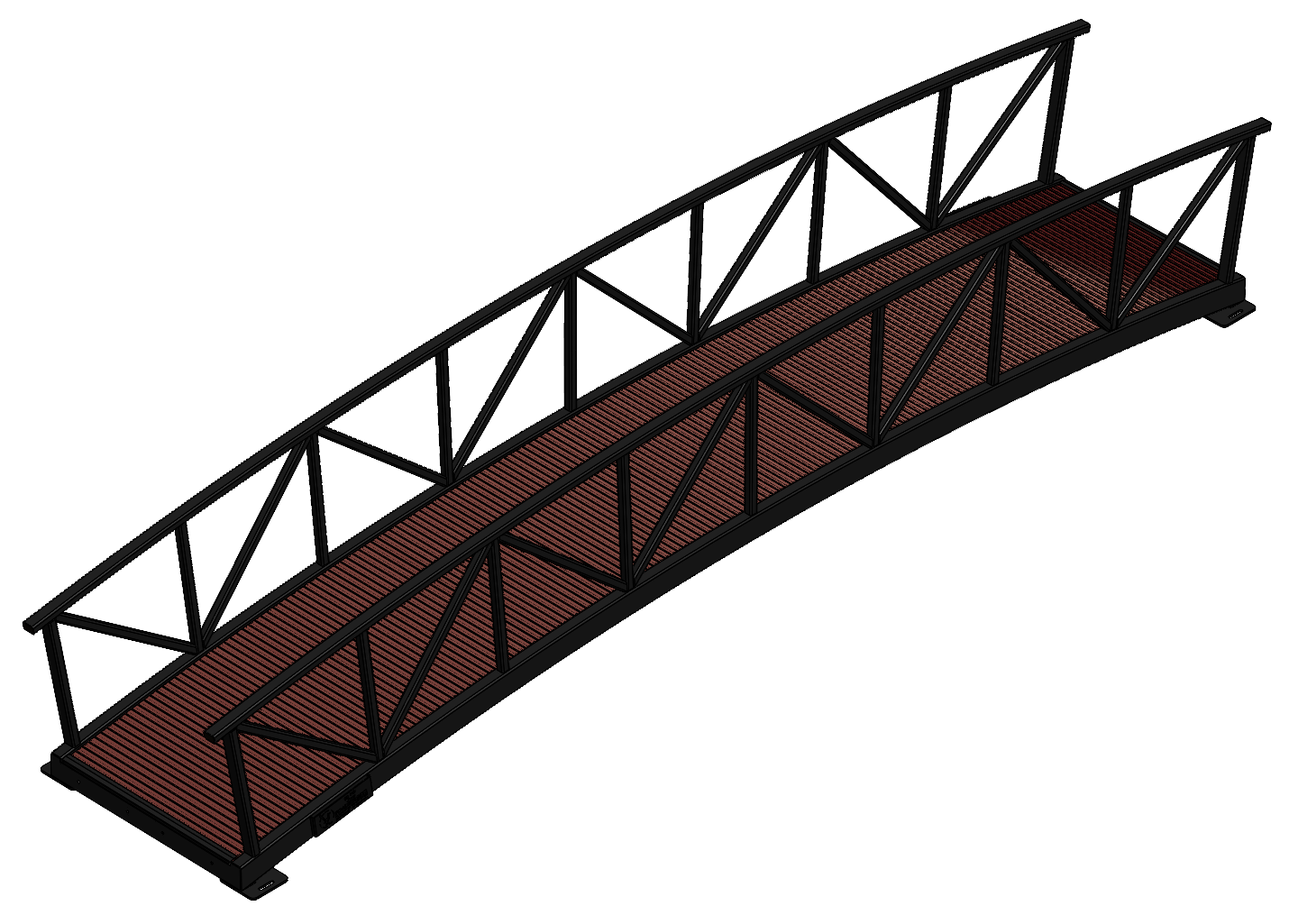 arched pedestrian bridge with metal railings and timber decking