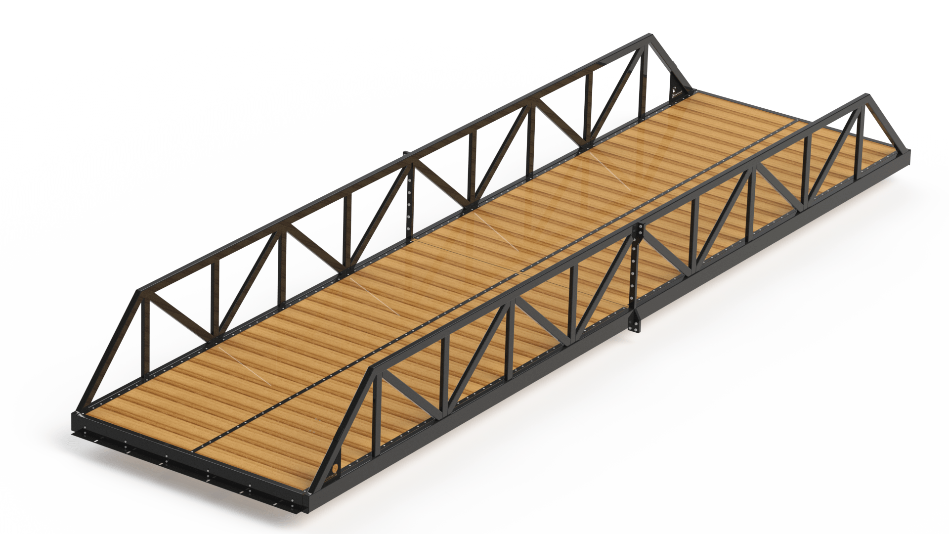 Warren truss pedestrian bridge with timber deck, designed for walkway use.