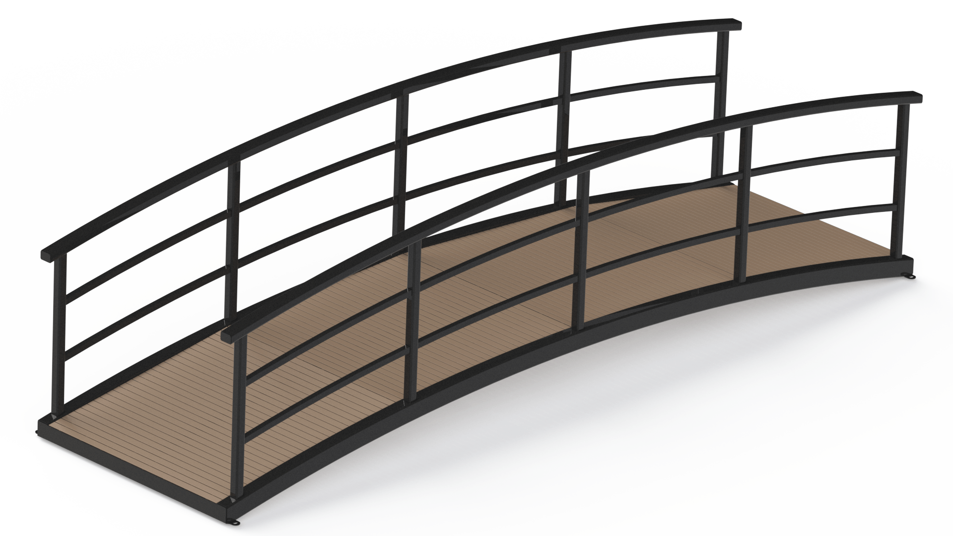 arch truss pedestrian bridge with timber decking and black metal railings