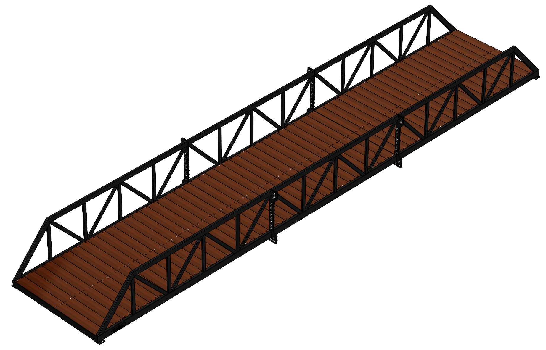 Modular pedestrian bridge with Warren truss, timber deck and black finish.
