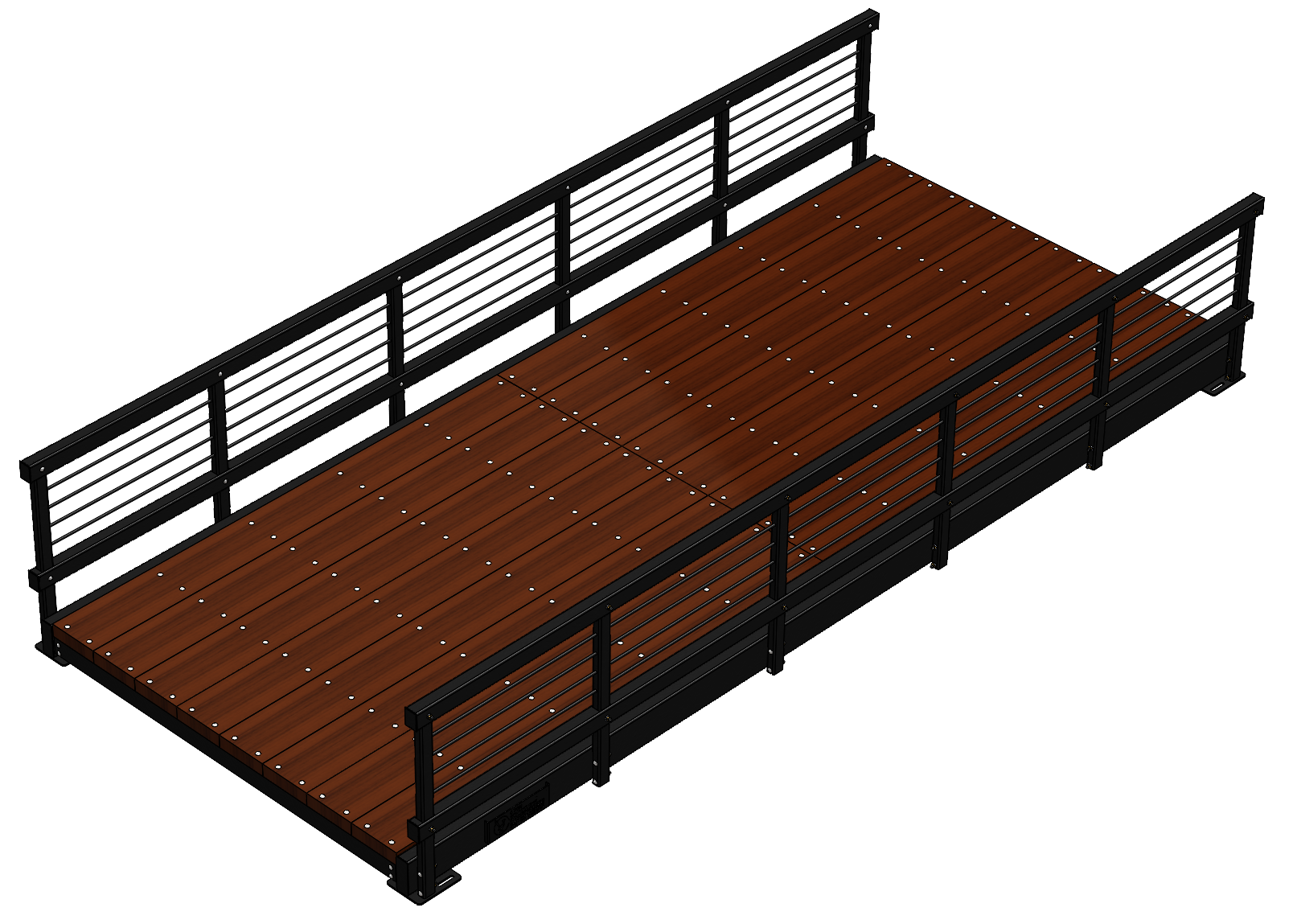 Pedestrian bridge with timber deck and black rails, ideal for pathways.