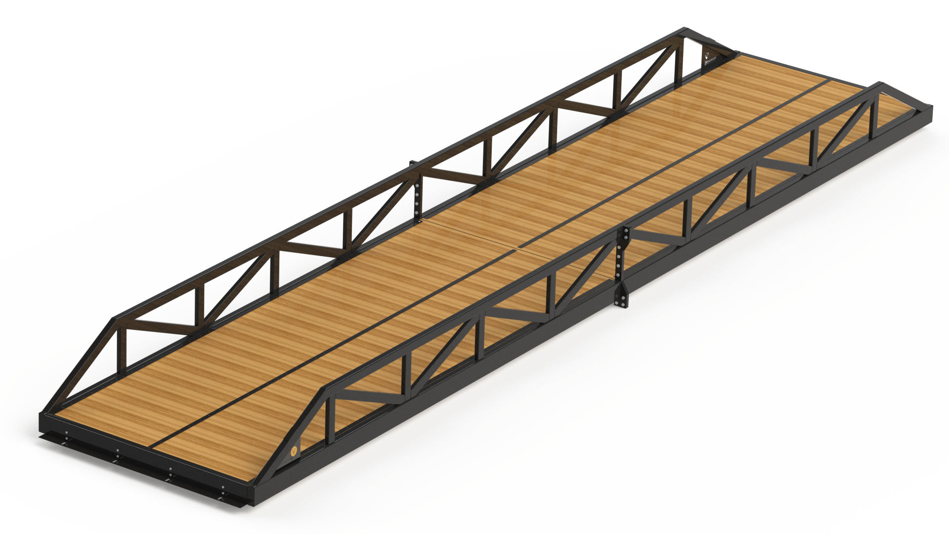 Warren truss bridge with wood decking for pedestrian use.