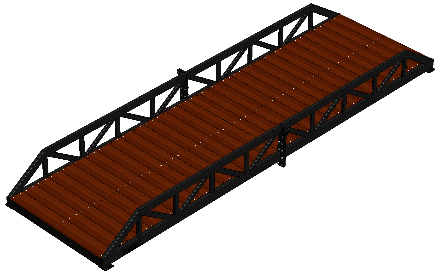 Modular pedestrian bridge with Warren truss, timber deck and black finish.