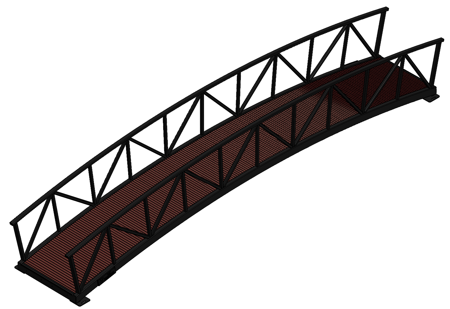 arched pedestrian bridge with metal railings and timber decking