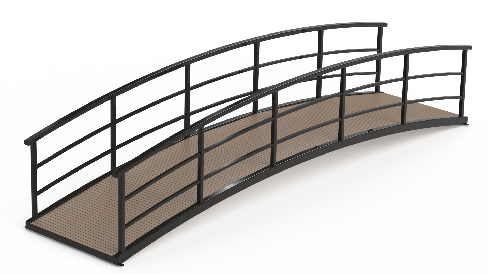 arched pedestrian bridge with metal railings and timber decking