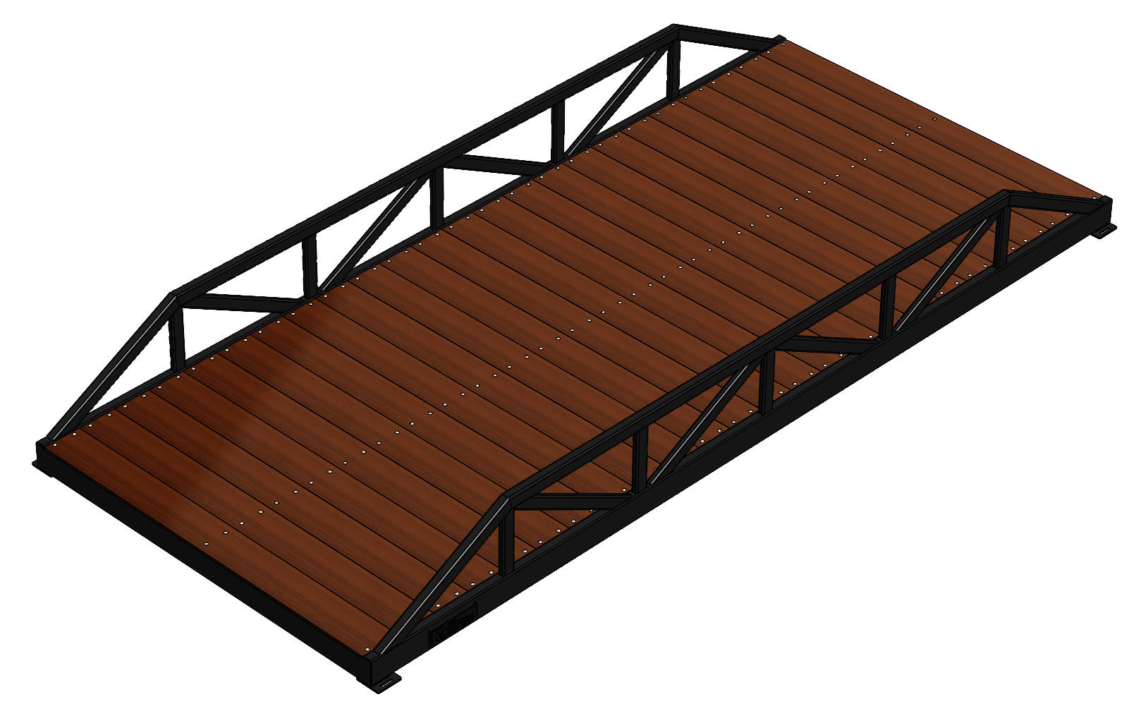 Modular pedestrian bridge with Warren truss, timber deck and black finish.