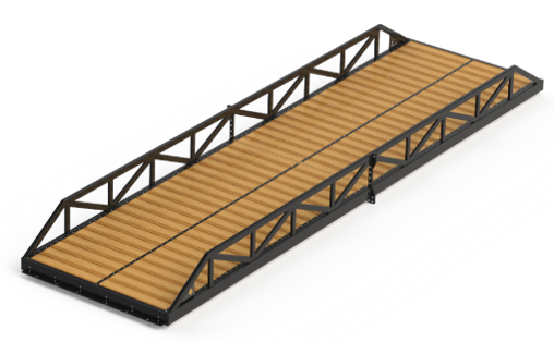 Warren truss pedestrian bridge with timber deck and black finish.