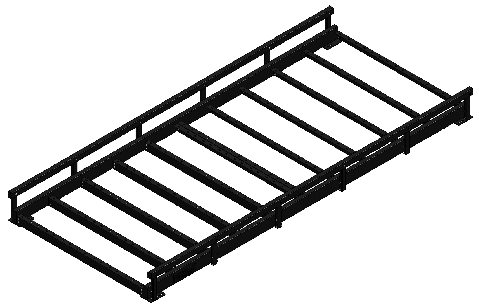 Installed modular bridge kit spanning a small creek on a golf course, featuring steel rails and wood decking integrated into the landscape.