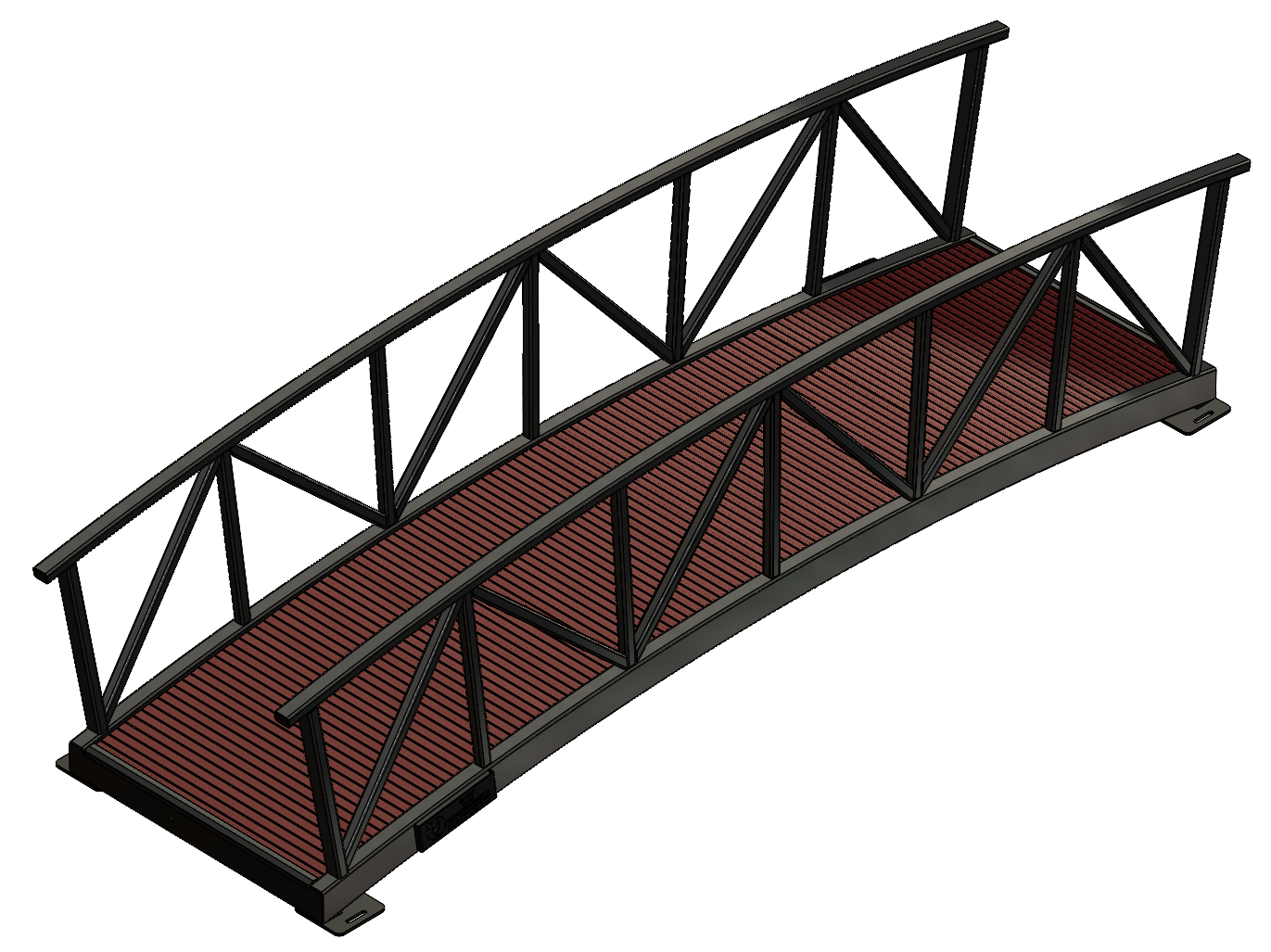 arch truss pedestrian bridge with timber decking and black metal railings